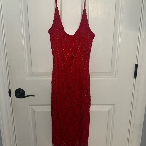Caché Red Crochet Embroidered Midi Dress - Picture 3 of 5